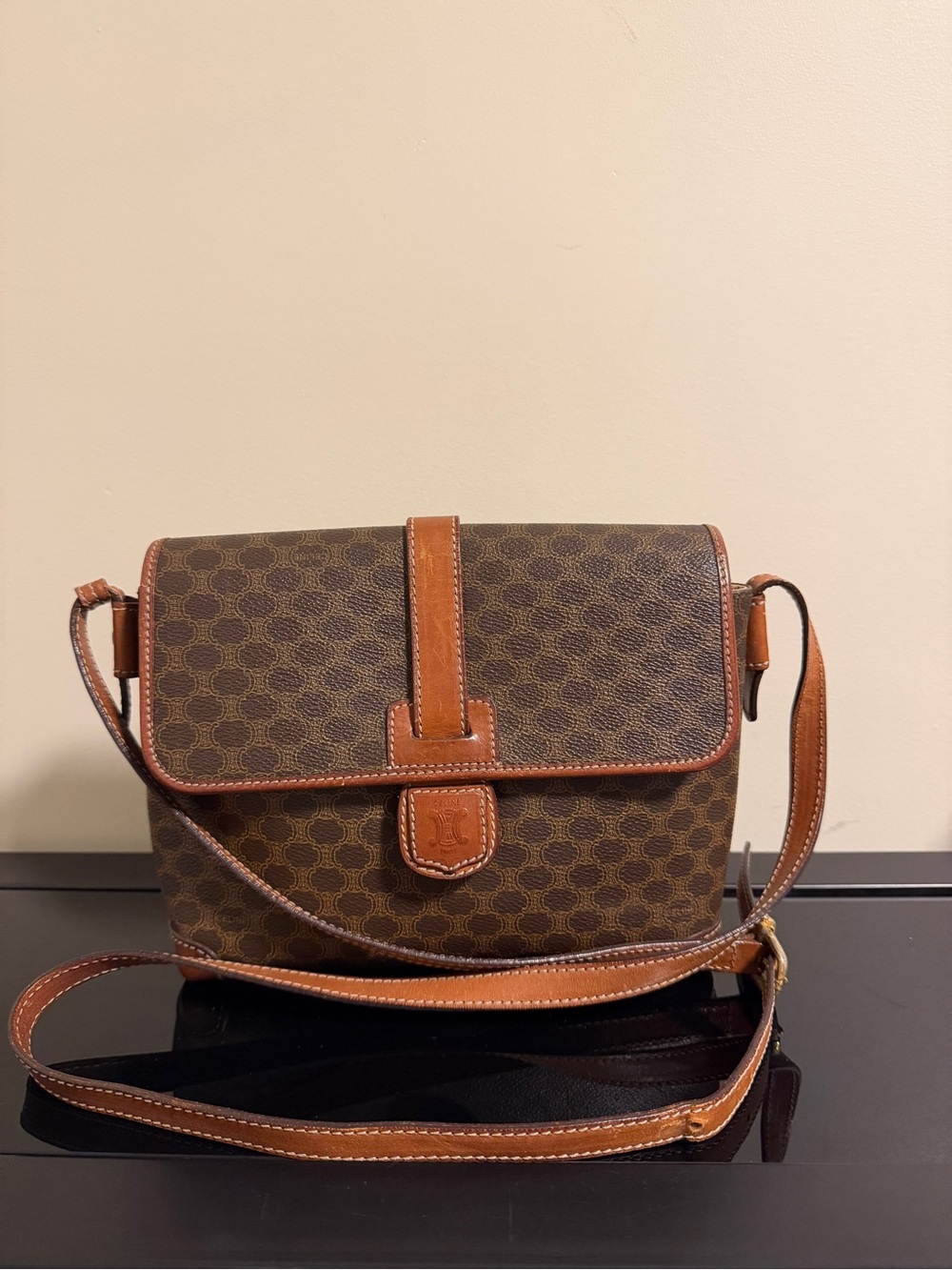 Celine Signature Brown Macadam Crossbody Bag vintage authentic